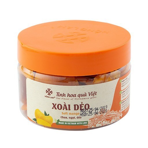 Xoài dẻo thượng hạng Hồng Lam, dạng hộp (200gr, 300gr, 500gr) và gói (200gr). Có vị chua, ngọt, dẻo