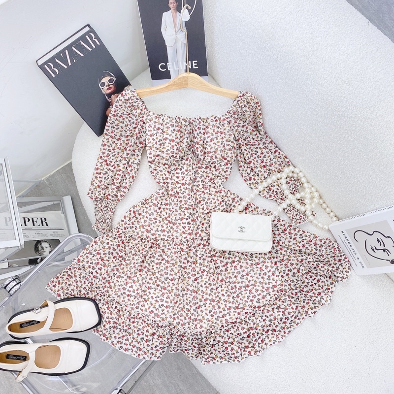 ĐẦM HOA CÚP NGỰC TAY DÀI BO XOÈ