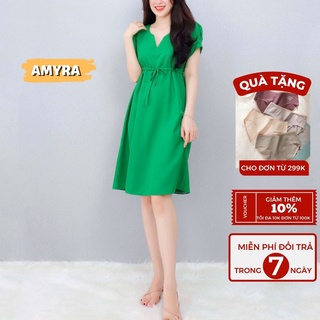 Đầm trung niên tay ngắn dáng xòe phối dây rút eo cao AMYRA - Váy mặc nhà cho mẹ chất lụa trượt mềm mại thoáng mát VA102