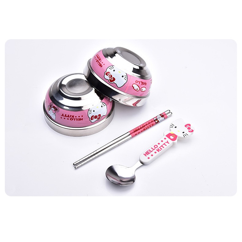 Combo 2 chén + 1 muỗng + 1 đũa - có in hình mèo hồng và doremon đáng yêu cho bé