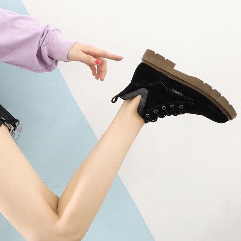 Giày bốt martin IELGY da lộn mũi tròn buộc dây màu trơn kiểu Hàn Quốc thời trang cho bạn gái