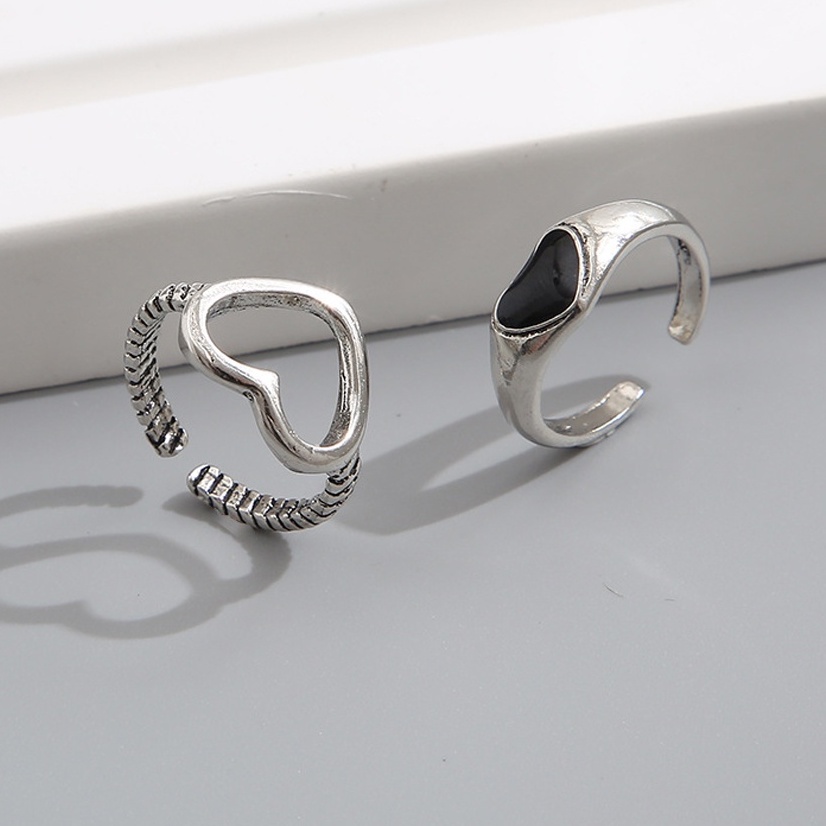 Set 2 Nhẫn Hở Mạ Bạc Hình Trái Tim Phong Cách Cổ Điển Màu Đen Có Thể Điều Chỉnh Làm Quà Tặng Cho Nữ