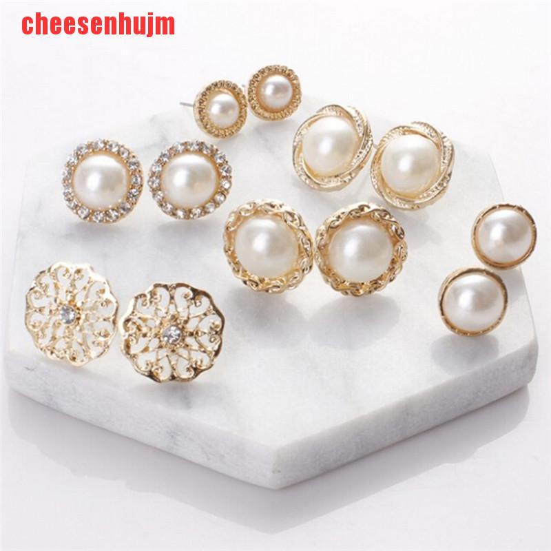 [cheesenhujm]6 Pairs Elegant Crystal Rhinestone Diamond Pearl Sign Ears Tiny Studs Earrings