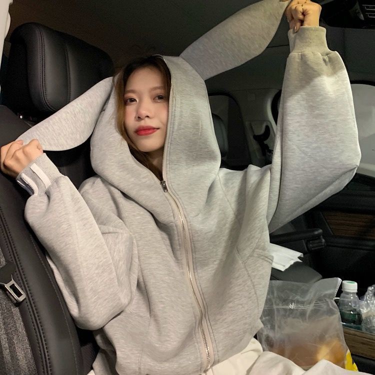 Áo Khoác Sweater Có Mũ Trùm Dáng Rộng Ngắn Đính Tai Thỏ Kiểu Hàn Quốc Thời Trang 2022 Cho Học Sinh