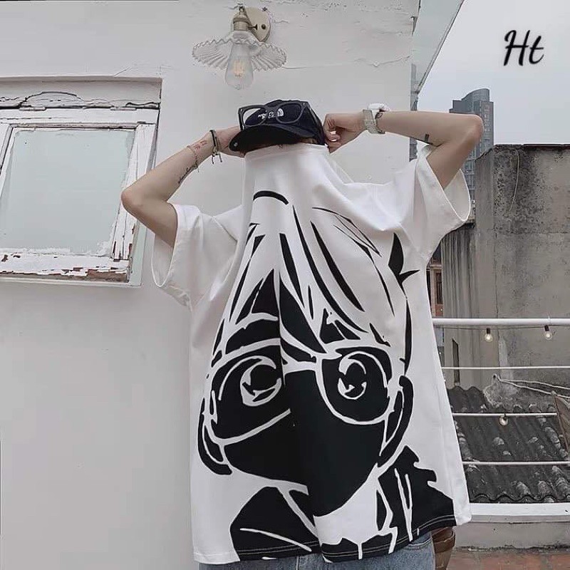 Áo thun tay lỡ in mặt conan đeo kính