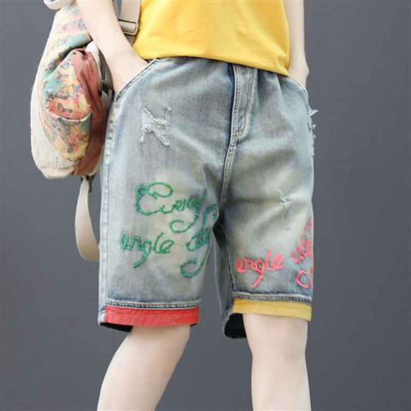 Quần đùi denim lưng cao thêu họa tiết trẻ trung thời trang cho phái nữ