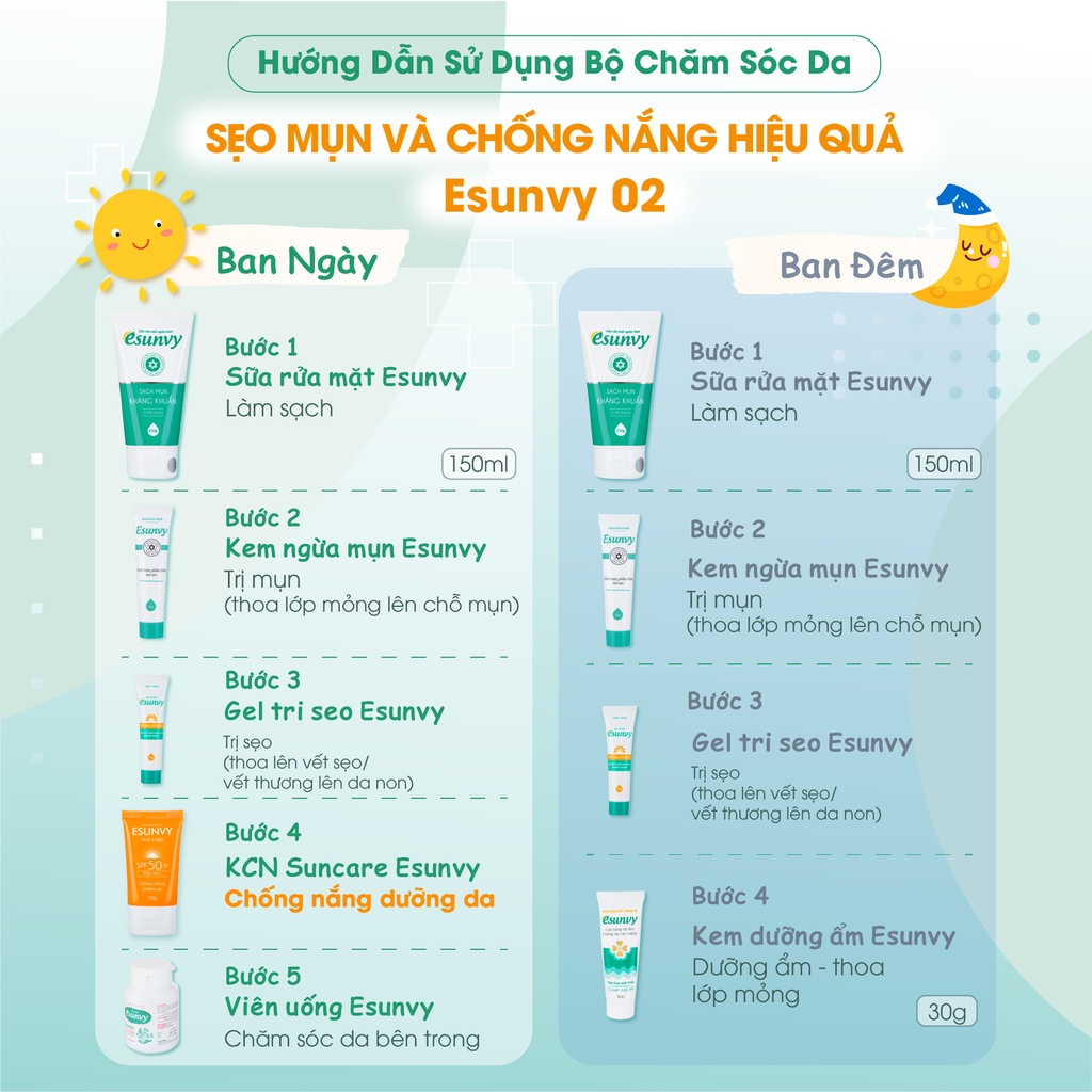 Bộ Chăm Sóc Da Sẹo Mụn & Chống Nắng Hiệu Quả Esunvy - Giúp Sạch Mụn, Hết Thâm, Mờ Sẹo, An Toàn CSDSMCN