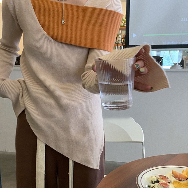 【77】 Áo sweater dệt kim dáng ôm màu sắc tương phản thời trang thu đông cho nữ