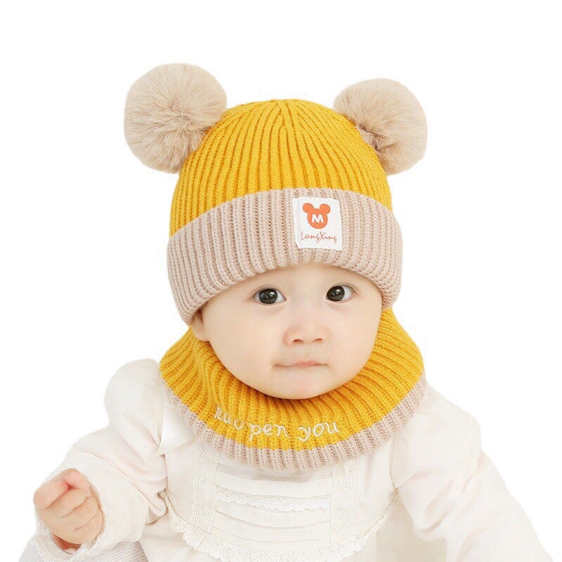 Mũ len kèm khăn cho bé + Set mũ khăn cho bé hàng hai lớp lót nỉ bên trong rất ấm