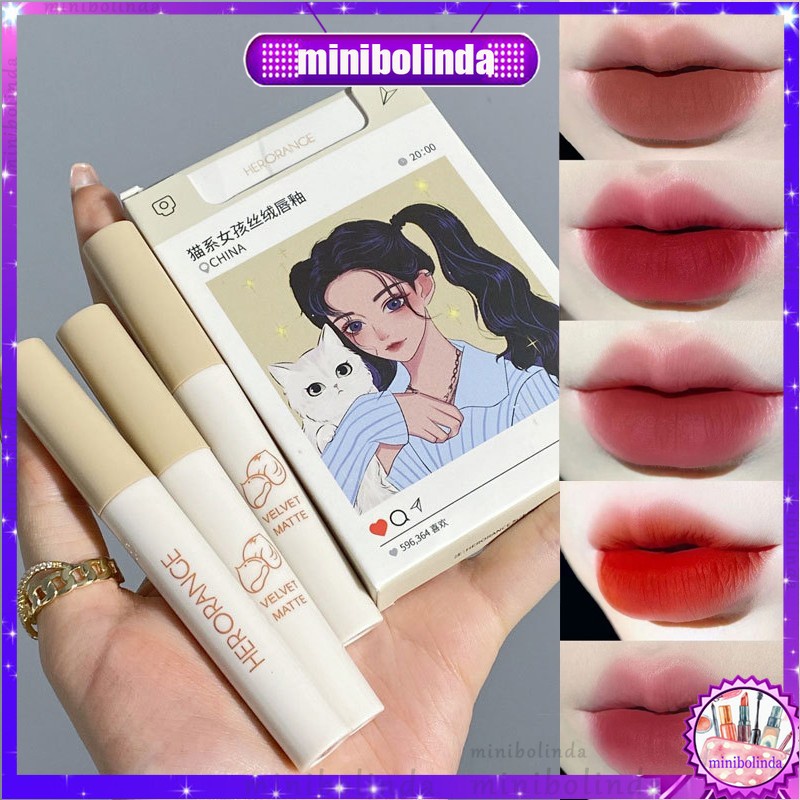 Set 5 Son Môi Herorange Dạng Kem Màu Lì Siêu Lì Sản Phẩm Nội Địa Trung Quốc Hình Mèo Ôm Và Chó Mèo