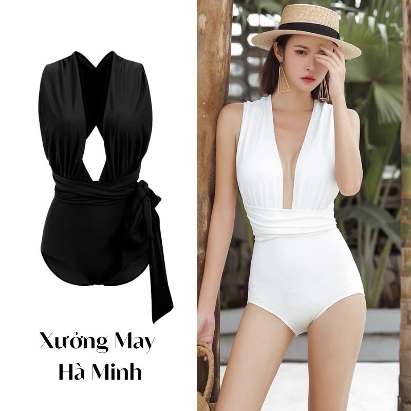 [Xưởng May Bikini Hà Minh] Bikini liền thân hai mảnh hở ngực, nơ dài buộc eo quyến rũ