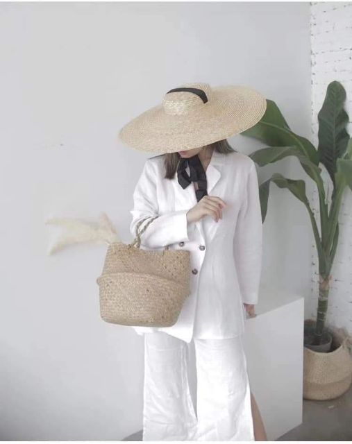 Mũ cói tự nhiên vành rộng dây buộc vintage siêu rộng, siêu độc