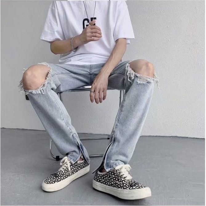 [sale xả kho] Quần jean ống suông nam khóa zip ống rách gối màu xanh nhạt đẹp mới hà nội hcm n114 Pon.mens