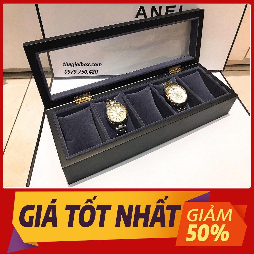 Hộp Đựng Đồng Hồ Bằng Gỗ - 5 Chiếc, Vỏ Gỗ Đen Mờ Sang Trọng Nắp Kính Chống Bụi