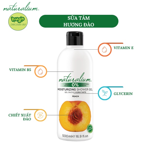 Sữa Tắm Naturalium Thiên Nhiên Hương Đào Làm Sáng Da xuất xứ Tây Ban Nha 500ml Hugo Shop