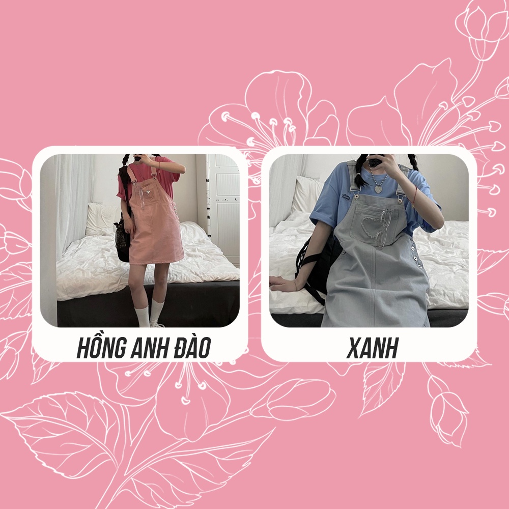 Váy yếm bò dáng suông chữ A thêu họa tiết trái tim hồng và xanh phong cách dễ thương đáng yêu V00079