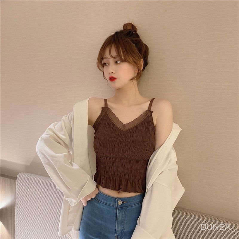 DUNEA Áo Hai Dây Xếp Ly Phối Ren Xinh Xắn Cho Nữ