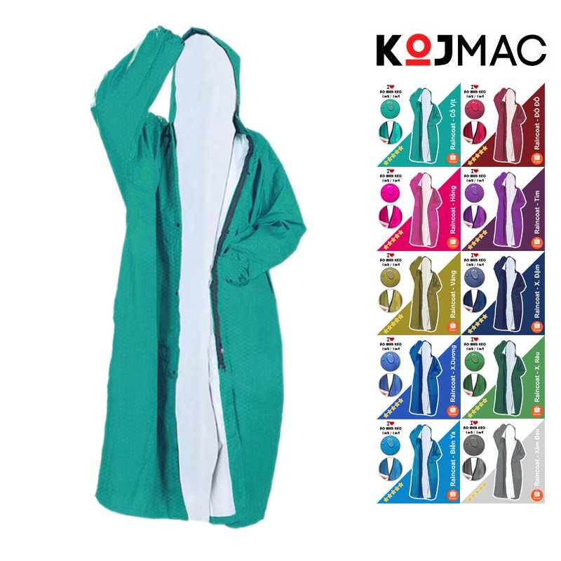 Áo Mưa Măng Tô Nữ Nam KOJMAC Thời Trang ( Bộ Bít Dây Kéo Khóa, Vải Da Cá Cao Cấp 2 Size 1m2 1m4 Một Người Đi Xe Máy )