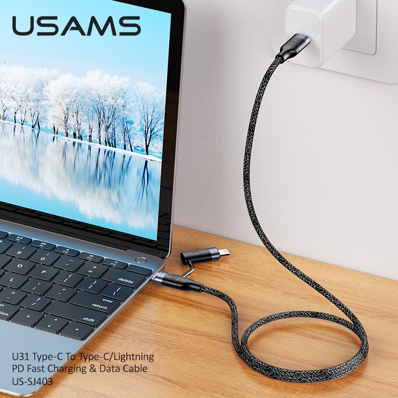 Dây Cáp Sạc Nhanh USAMS U31 PD 100W 2 Trong 1 QC 3.0 USB Type C iP 13 12 11 Cho Máy Tính Bảng Laptop