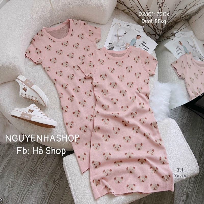 Váy len nữ body gấu hồng chất len tăm co giãn form ôm siêu đẹp