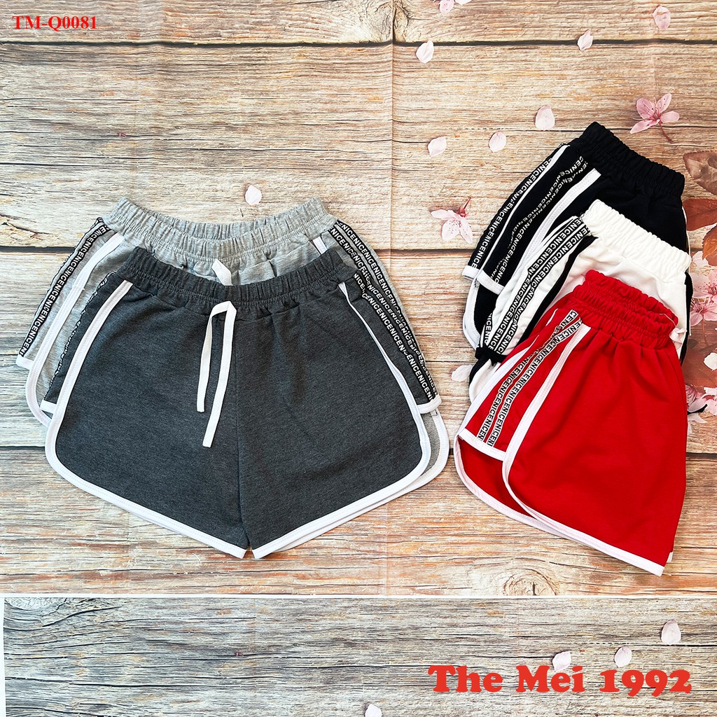 Quần đùi short nữ THE MEI 1992 cao cấp - Quần sooc nữ cạp chun chất Umi thể thao dáng hộp viền chữ siêu xinh