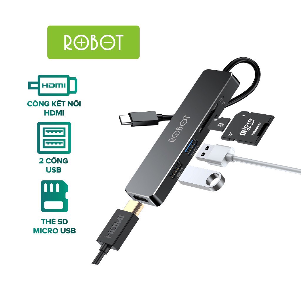 [SỈ-LẺ] HUB USB-C Chuyển Đổi Đa Năng 5 In 1 ROBOT HT240S Type-C Cổng Kết Nối USB 3.0/HDMI/PD/SD/TF