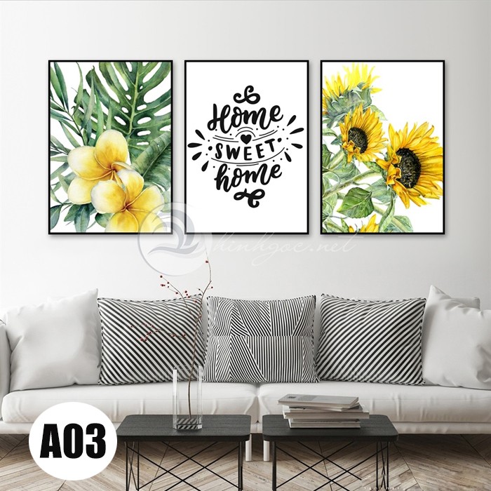 Tranh treo tường,bộ 3 bức tranh hoa hướng dương A03 CHỌN KHUNG