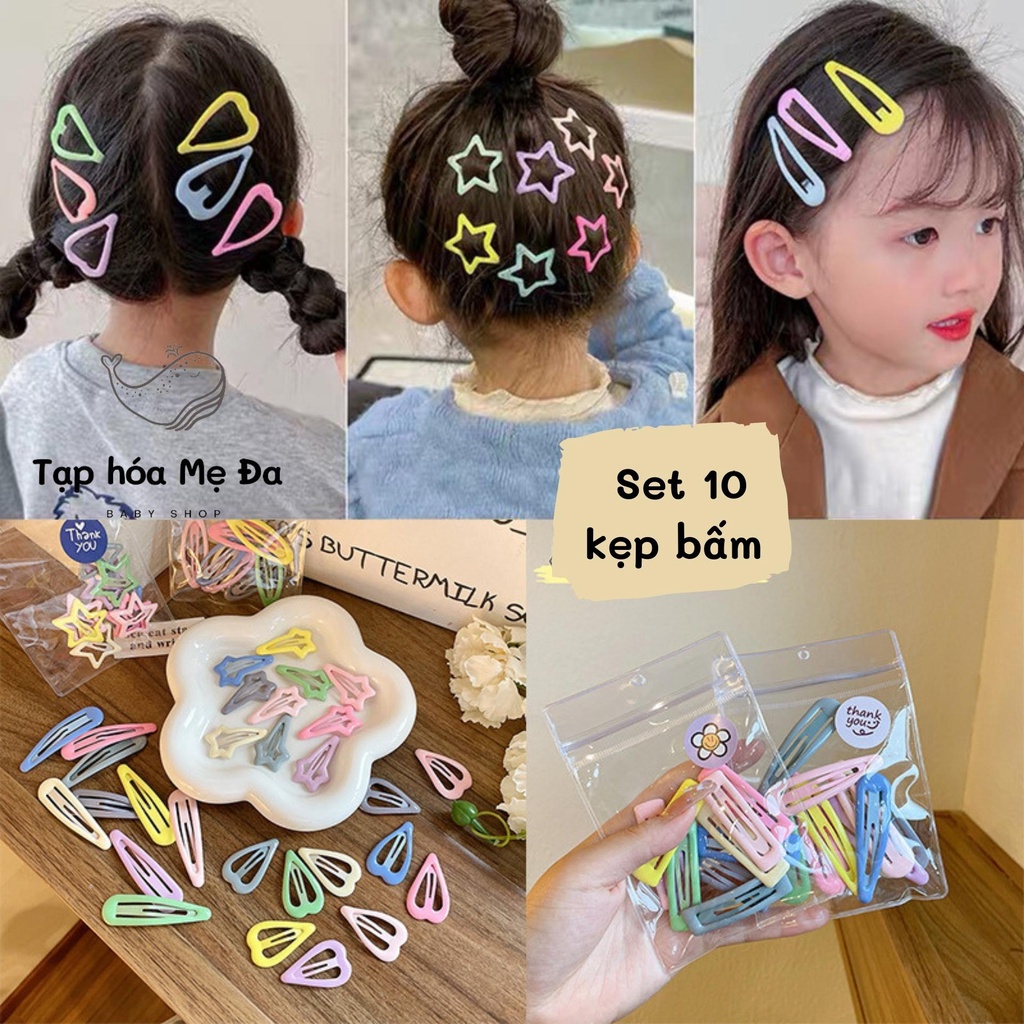 Túi 10 kẹp tóc bấm/cặp tóc mái cho bé gái hình ngôi sao màu Macaron siêu xinh phong cách Hàn Quốc