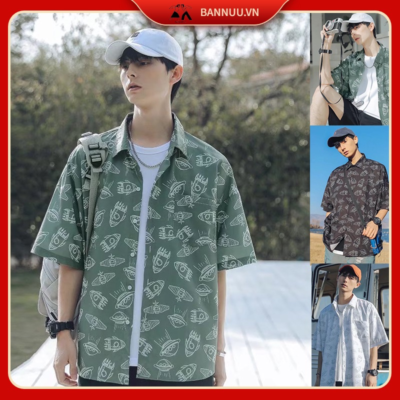 áo sơ mi nam unisex áo sơ mi cộc tay nam lụa trẻ tuổi áo form rộng tiếng Nhật áo đôi nam nữ thời trang retro áo khoác sơ mi nam