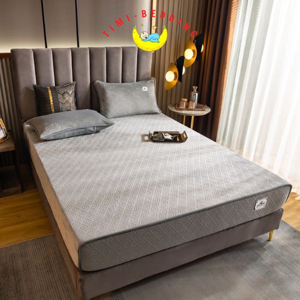 Ga gối nỉ nhung cao cấp 2022 họa tiết hình thoi - Bộ ga nỉ trải giường Timibedding