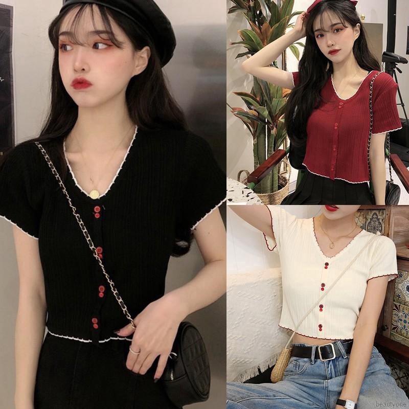 Áo croptop dệt kim tay ngắn thiết kế cổ chữ V nữ tính | WebRaoVat - webraovat.net.vn