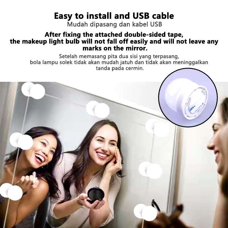 Bộ Dây Đèn Led Tròn Gắn Gương Trang Điểm Tiện Lợi, Siêu Sáng, Không Cần Khoan Đục, 3 Chế Độ Đèn, Trang Điểm Dễ Dàng