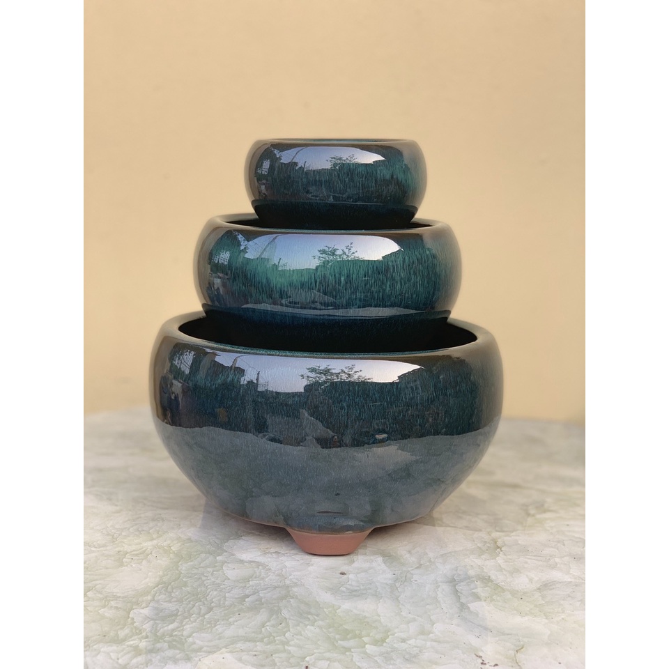 Chậu bonsai Tròn cao mini men xanh ngọc gốm Bát tràng 1 size BM-191