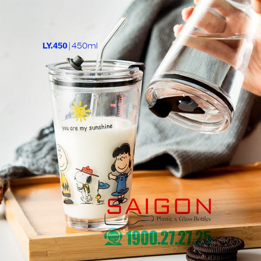 Ly Thủy Tinh Chia Vạch Có in hình Ngộ nghĩnh | Kèm Nắp Nhựa Ngăn Tràn