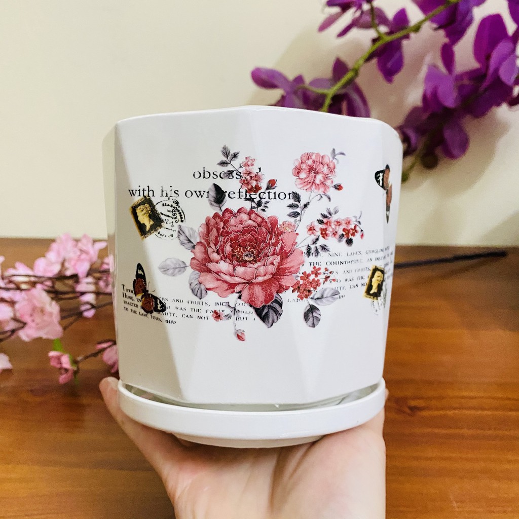 Chậu trồng cây mini để bàn, trang trí nhà cửa, có đĩa dính liền dưới chống rò rỉ nước size 15*14cm