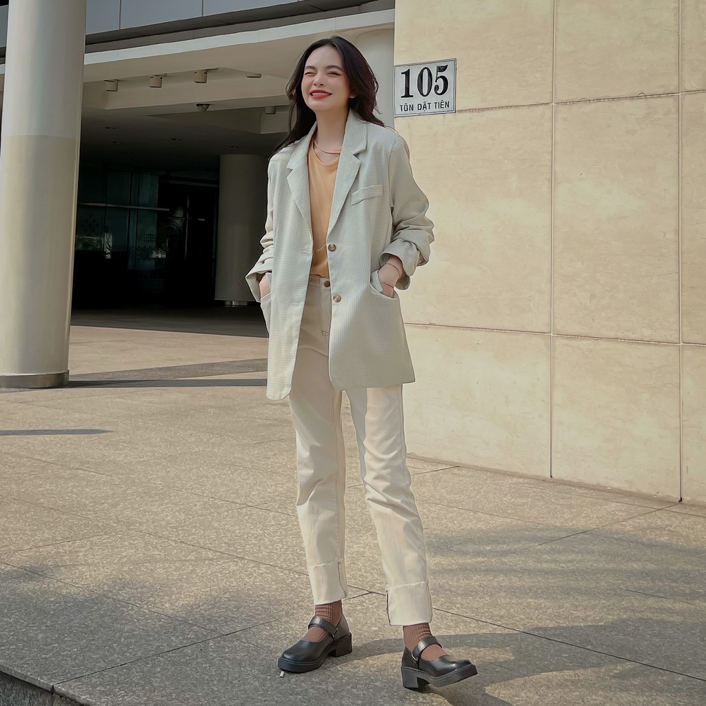 Áo blazer kẻ 2 túi màu kem LENCLOTHING 852100