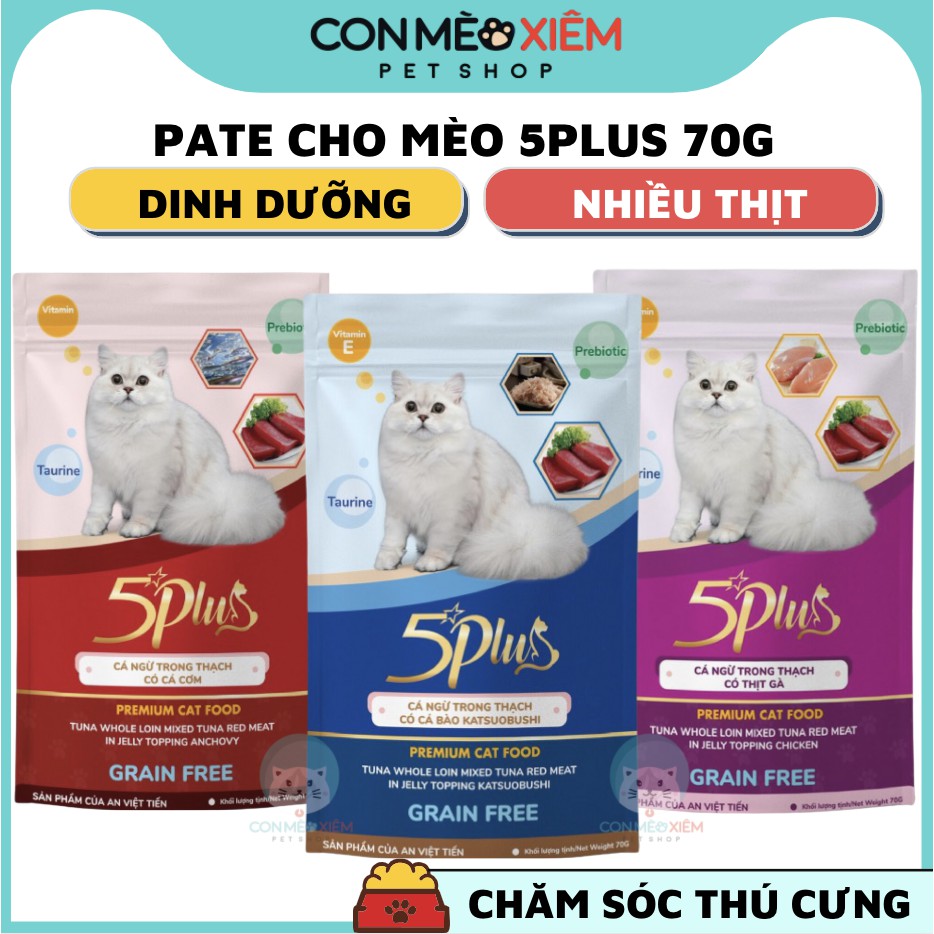 Pate cho mèo 5 Plus 70g, thức ăn ướt dạng thạch jelly tăng cân cho mèo con lớn nhỏ Con Mèo Xiêm