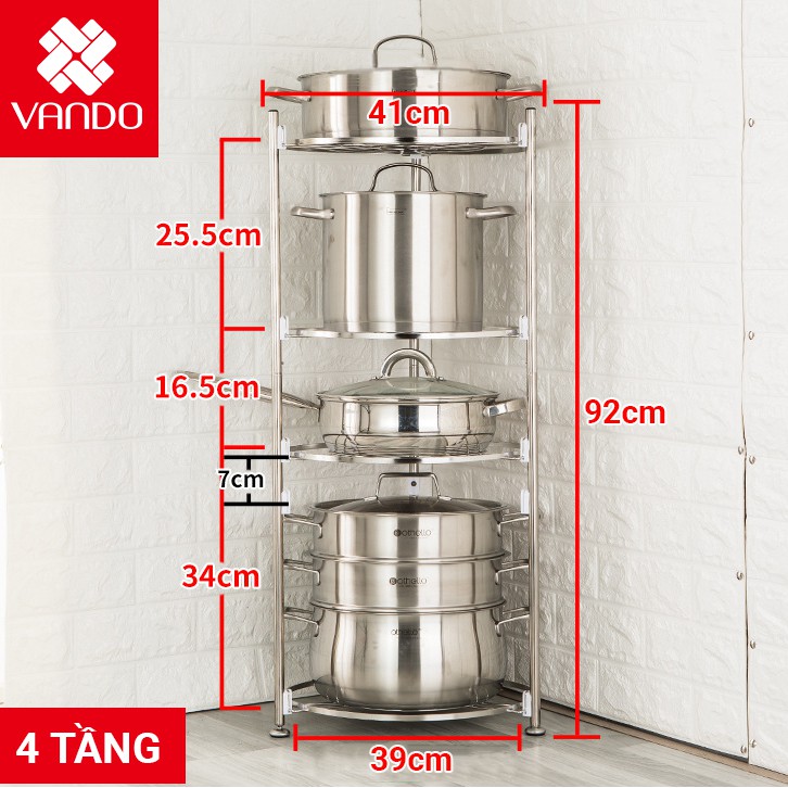 Kệ Xoong Nồi Bốn Tầng Đa Năng INOX 304 CHÍNH HÃNG VANDO - Chắc Chắn, Sáng Bóng, Chịu Lực Tốt