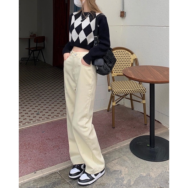 Quần Jeans Suông Dài Màu Kem Nam Nữ Ống Đứng Chất Jean Kaki Phong Cách Ulzzang Basic Đi Học Đi Làm