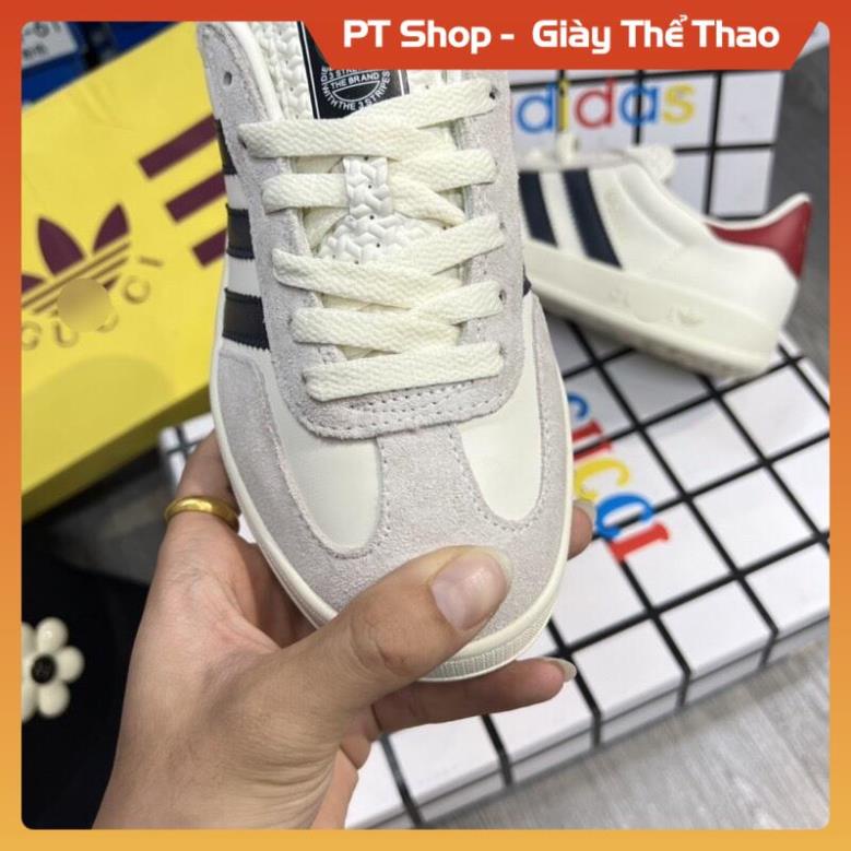 Giày thể thao Sneaker Gu.cci x Adida.s Originals Gazelle , Giầy ads nam nữ da lộn trắng kem gót đỏ 3 sọc đen