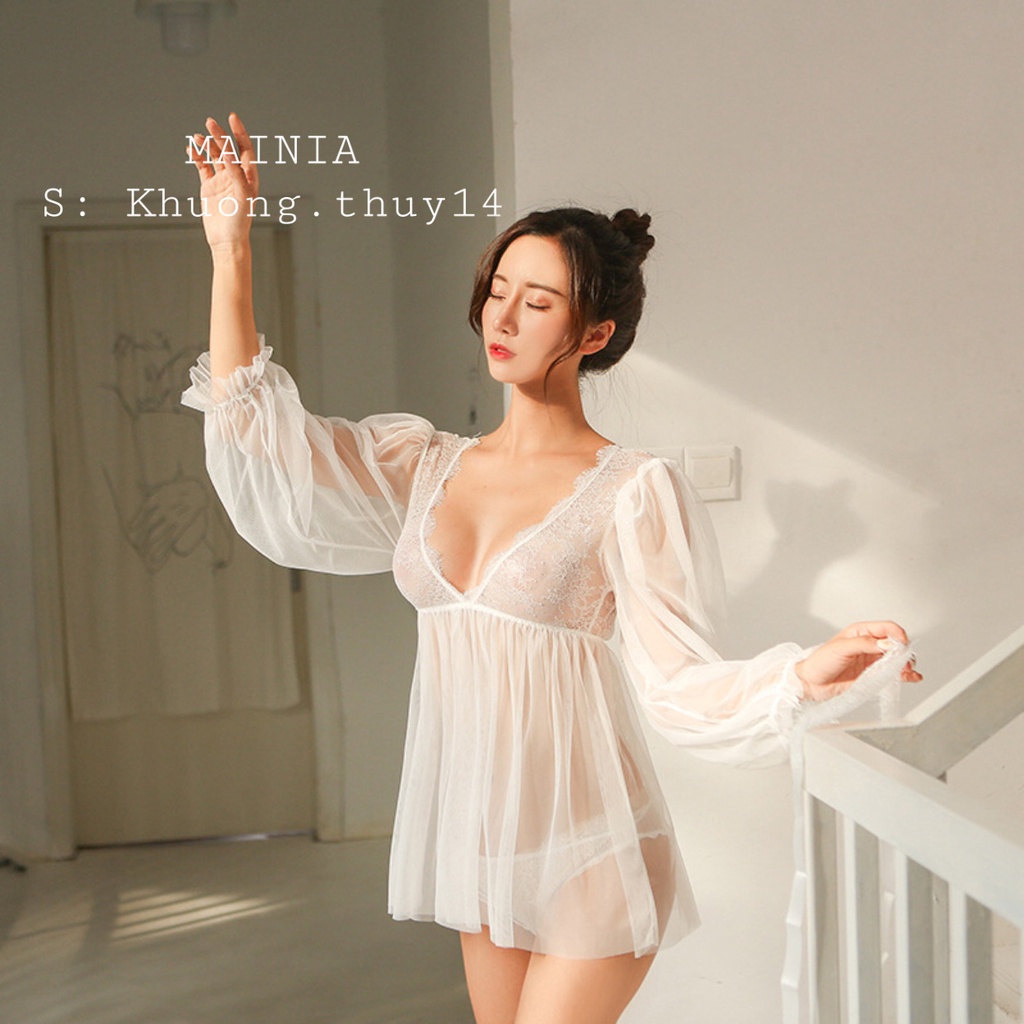 [Kèm Chíp] Váy Ngủ Đầm Ngủ Tiểu Thư Xuyên Thấu Dài Tay Siêu Đẹp Sexy Gợi Cảm Cao Cấp Mainia Shop HT66