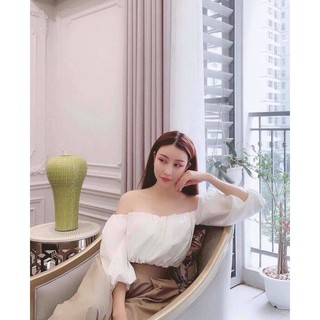 Áo trễ vai tay phồng croptop hai lớp