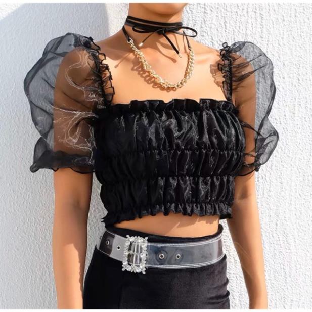 Áo Trễ Vai Voan Kiếng Nhún Croptop Hở Vai Tay Ngắn Phồng Bo Thun Nữ DRACR04