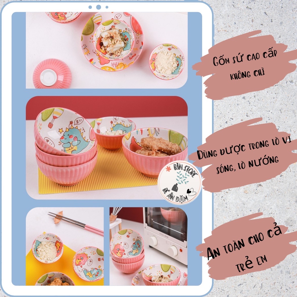 Bát sứ ăn cơm màu hồng, chén ăn cơm cho bé họa tiết khủng long dễ thương trang trí bàn ăn gia đình BÌN STORE