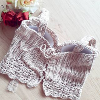 Áo len móc yếm ống thắt nơ Bikini len móc