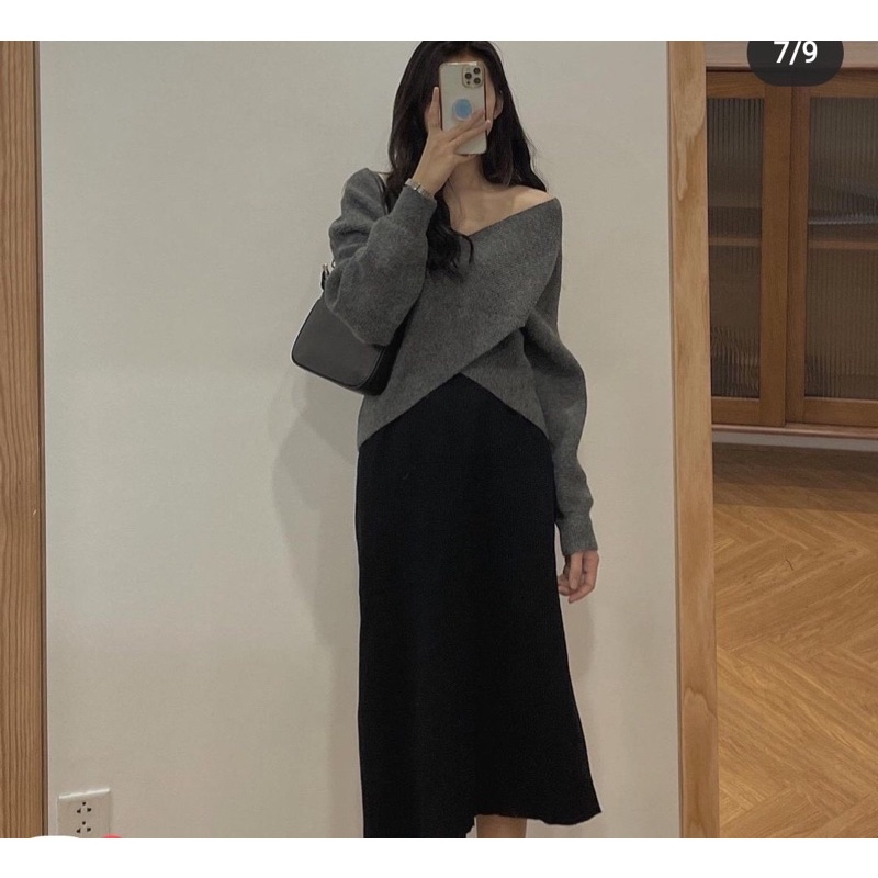 Áo len dài tay trễ vai vạt chéo hàng Quảng Châu sang chảnh