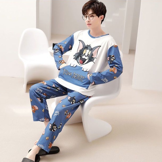 Bộ Đồ Ngủ Tay Dài Chất Liệu Cotton In Họa Tiết Hoạt Hình Dễ Thương Cho Nam