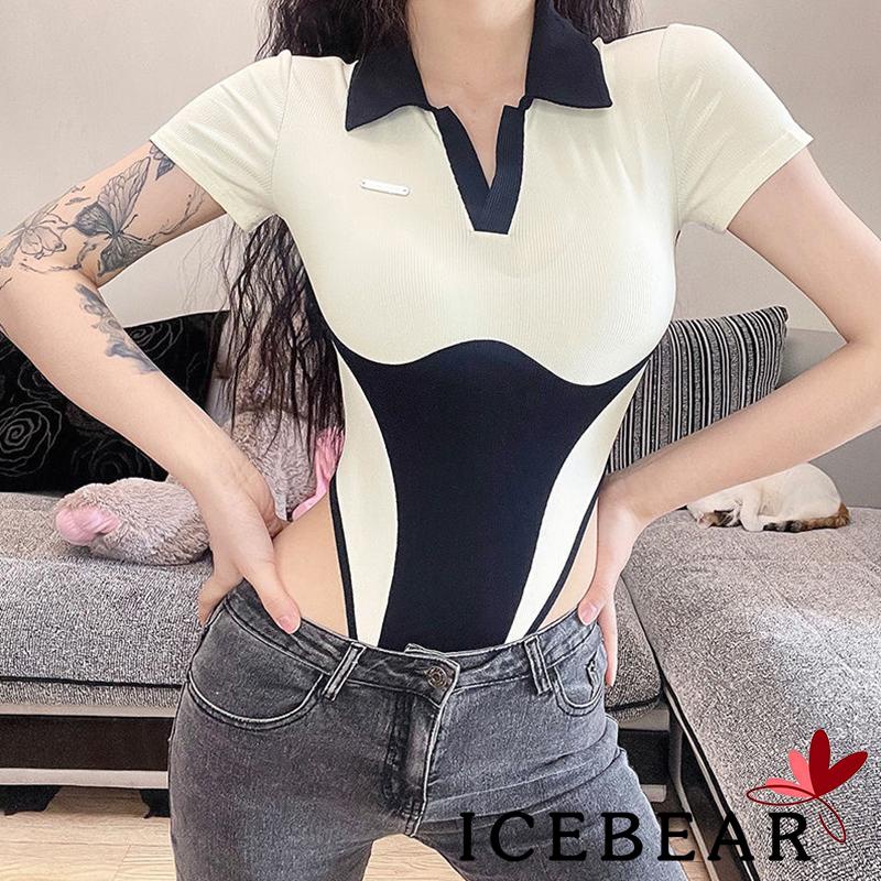 Áo liền quần Co Giãn Tay Ngắn Cổ Bẻ Màu Sắc Tương Phản Thời Trang Cho Nữ