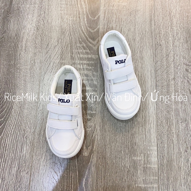 (QUAI DÁN)Giày Da thêu logo polo cho mẹ và bé màu trắng xuất dư xịn