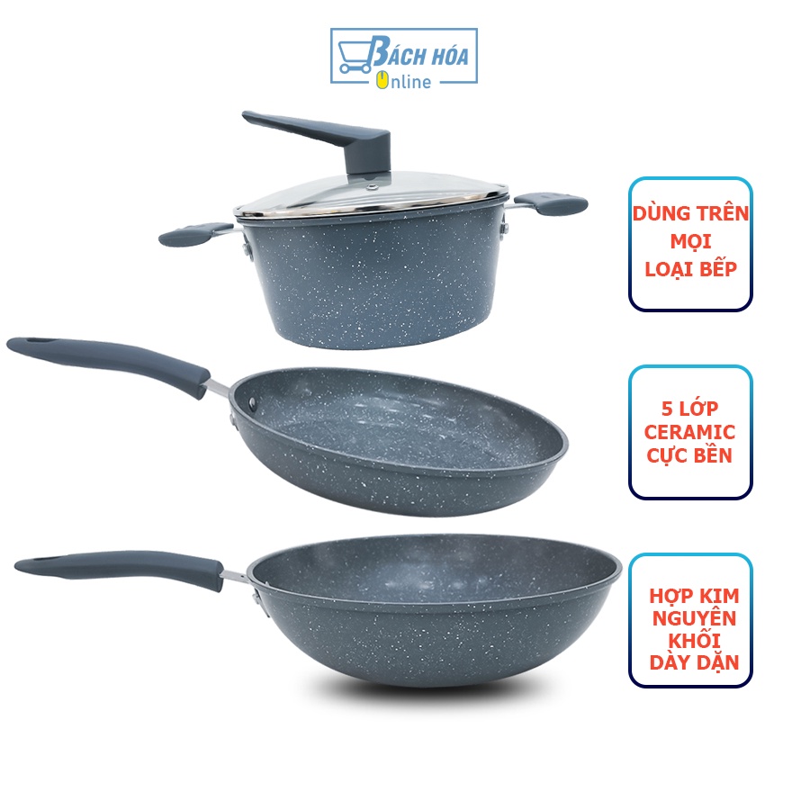 Bộ 3 Nồi Chảo Chống Dính Vân Đá Ceramic, bộ nồi chảo bếp từ, bếp hồng ngoại...dùng cho mọi loại bếp